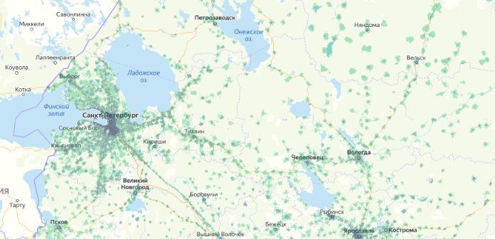 Зона покрытия МТС на карте Липецк 